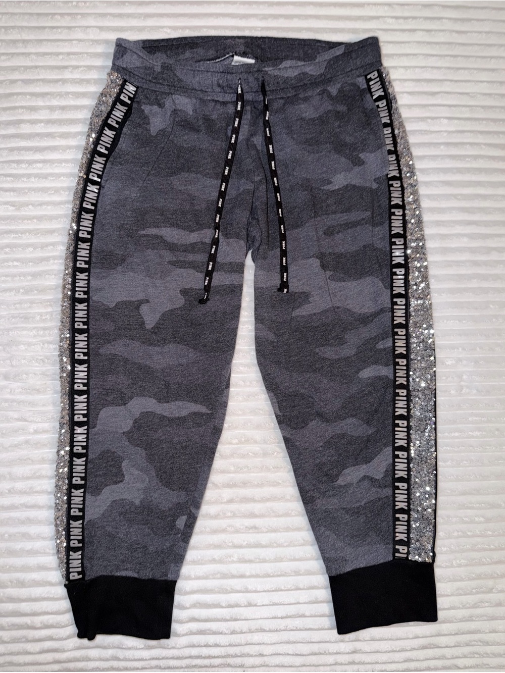 Y2K Victoria’s Secret PINK Gray Camo Bling Sequin Jogger Sweatpants Women’s L